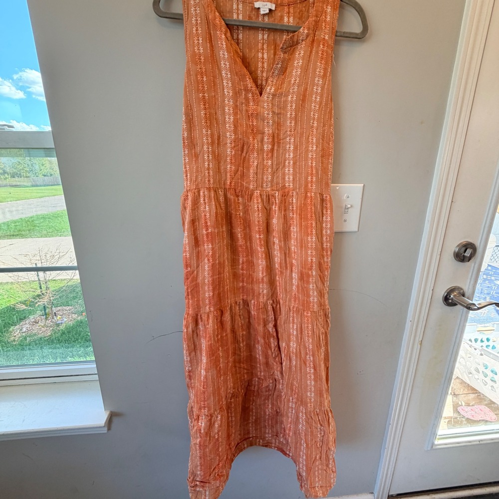 J Jill Tiered Maxi Dress Womens M Orange White Floral Cotton Sleeveless Boho